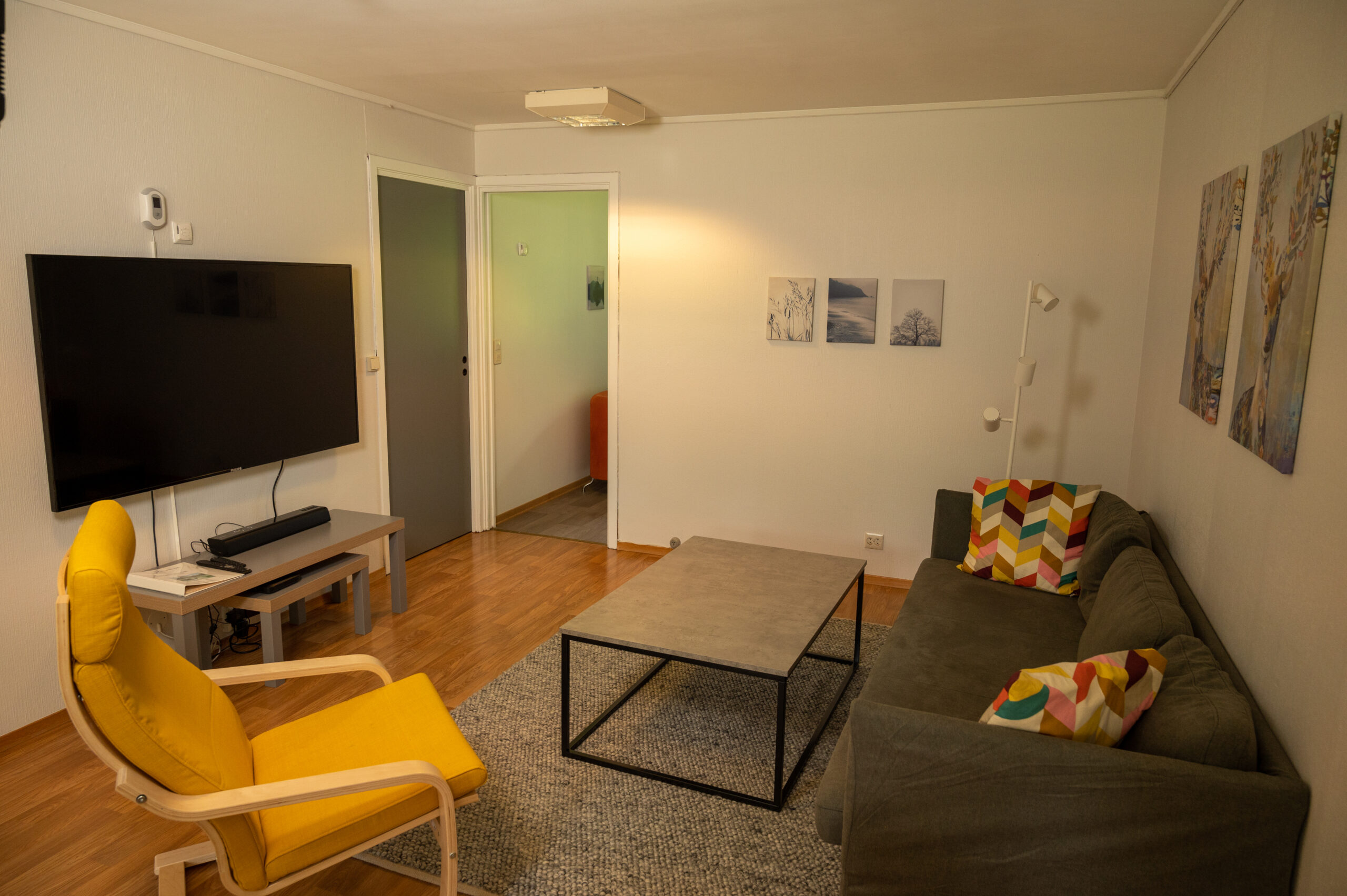 Stol. sofa, bord og TV i leilighet 15