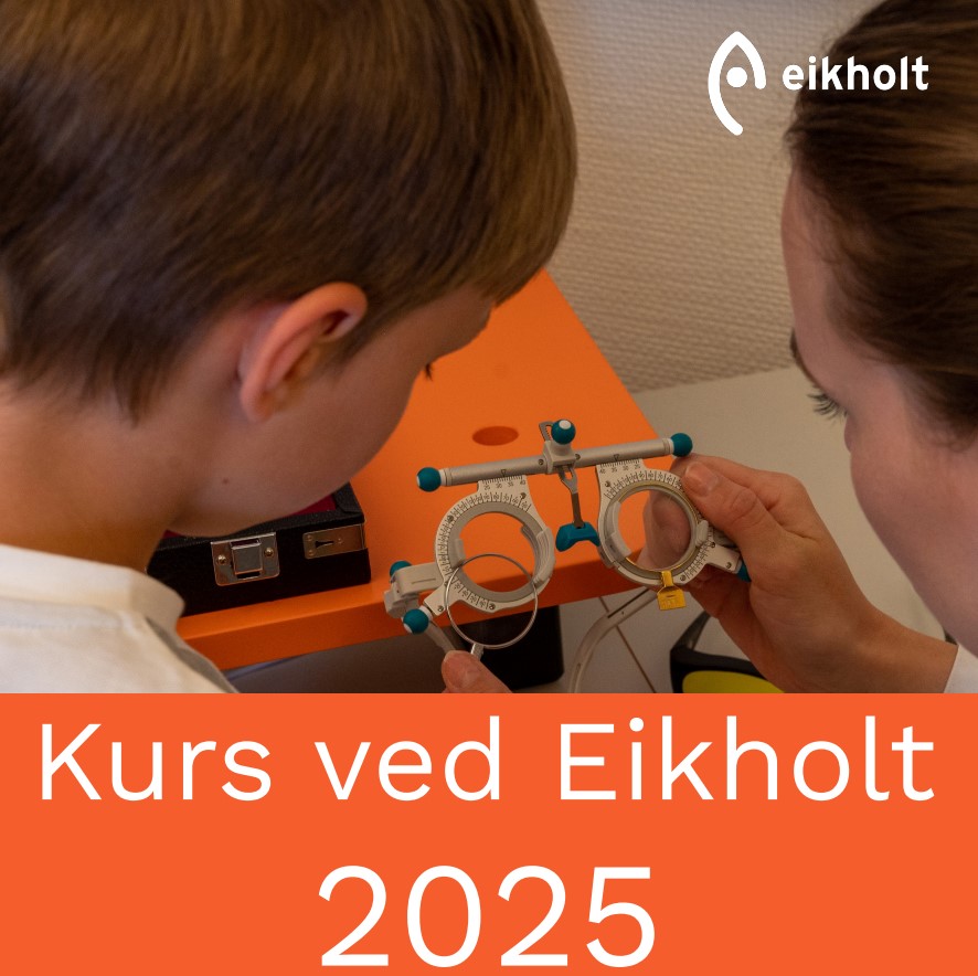 Et barn og en voksen ser på et par briller. Under står teksten: Kurs ved Eikholt 2025